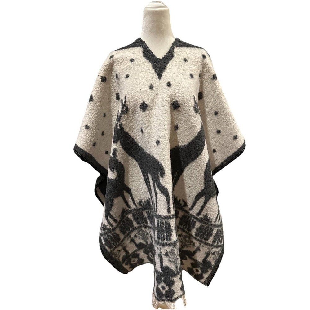 Vintage Mexican Wool Poncho Blanket Deer Southeastern Boho